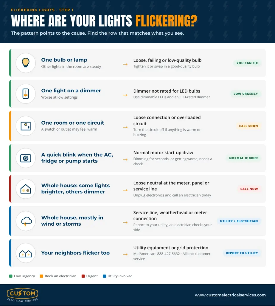 Infographic: where your lights are flickering and the likely cause, from one bulb to the whole house
