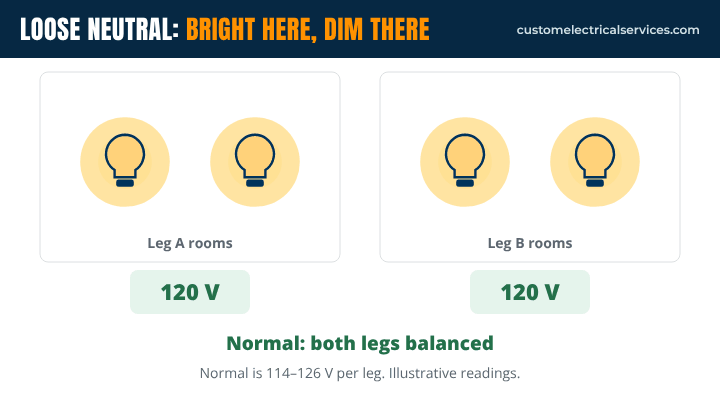 Animation: with a loose neutral, lights on one side of the house get brighter while lights on the other side dim as loads change