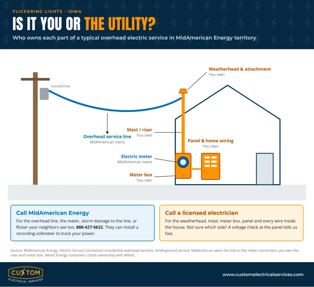 Diagram of a home’s electric service showing which parts MidAmerican Energy owns and which parts the homeowner owns